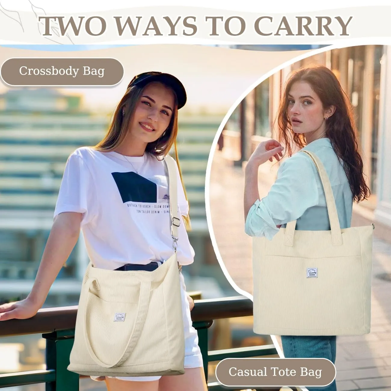VASCHY Corduroy Tote Bag for Women,Casual Lightweight Large Work Tote with Zipper Hobo Shoulder Crossbody Bag Purse