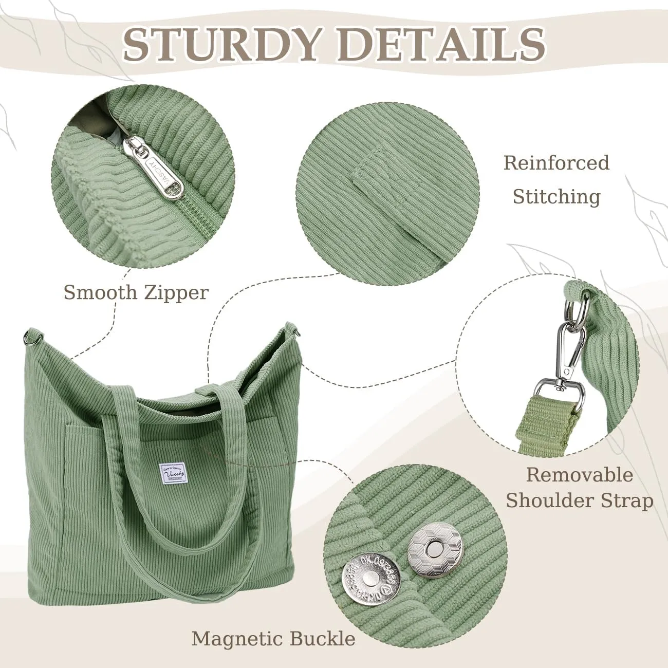 VASCHY Corduroy Tote Bag for Women,Casual Lightweight Large Work Tote with Zipper Hobo Shoulder Crossbody Bag Purse