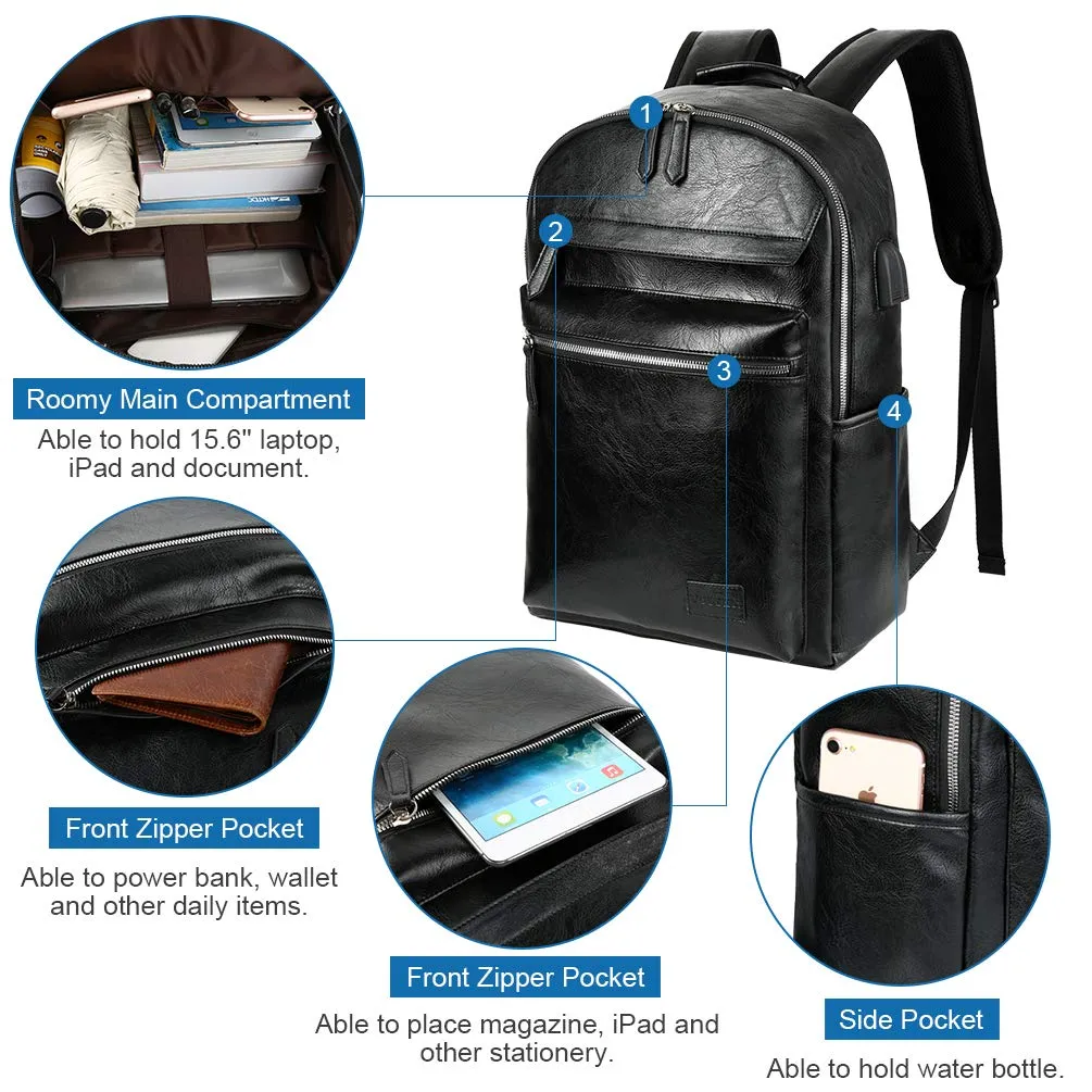 VBG VBIGER Leather Backpack for Mens Travel College Business Waterproof PU Leather Backpack for 15.6 inch Laptop with USB Charging Port and Headphone Port (Black)