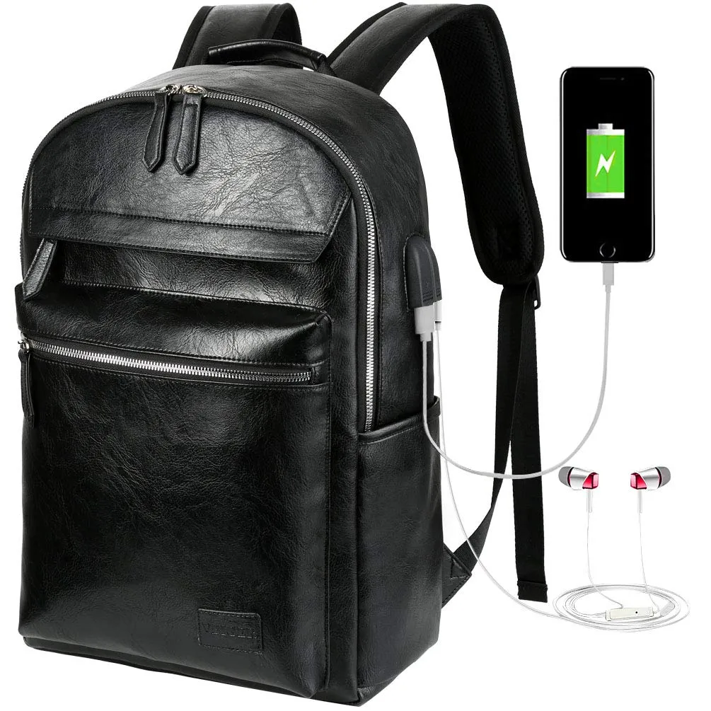VBG VBIGER Leather Backpack for Mens Travel College Business Waterproof PU Leather Backpack for 15.6 inch Laptop with USB Charging Port and Headphone Port (Black)