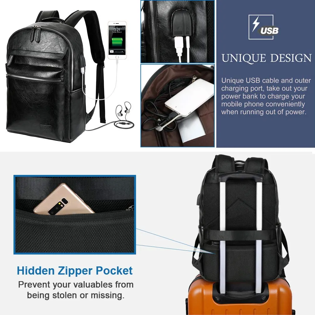 VBG VBIGER Leather Backpack for Mens Travel College Business Waterproof PU Leather Backpack for 15.6 inch Laptop with USB Charging Port and Headphone Port (Black)