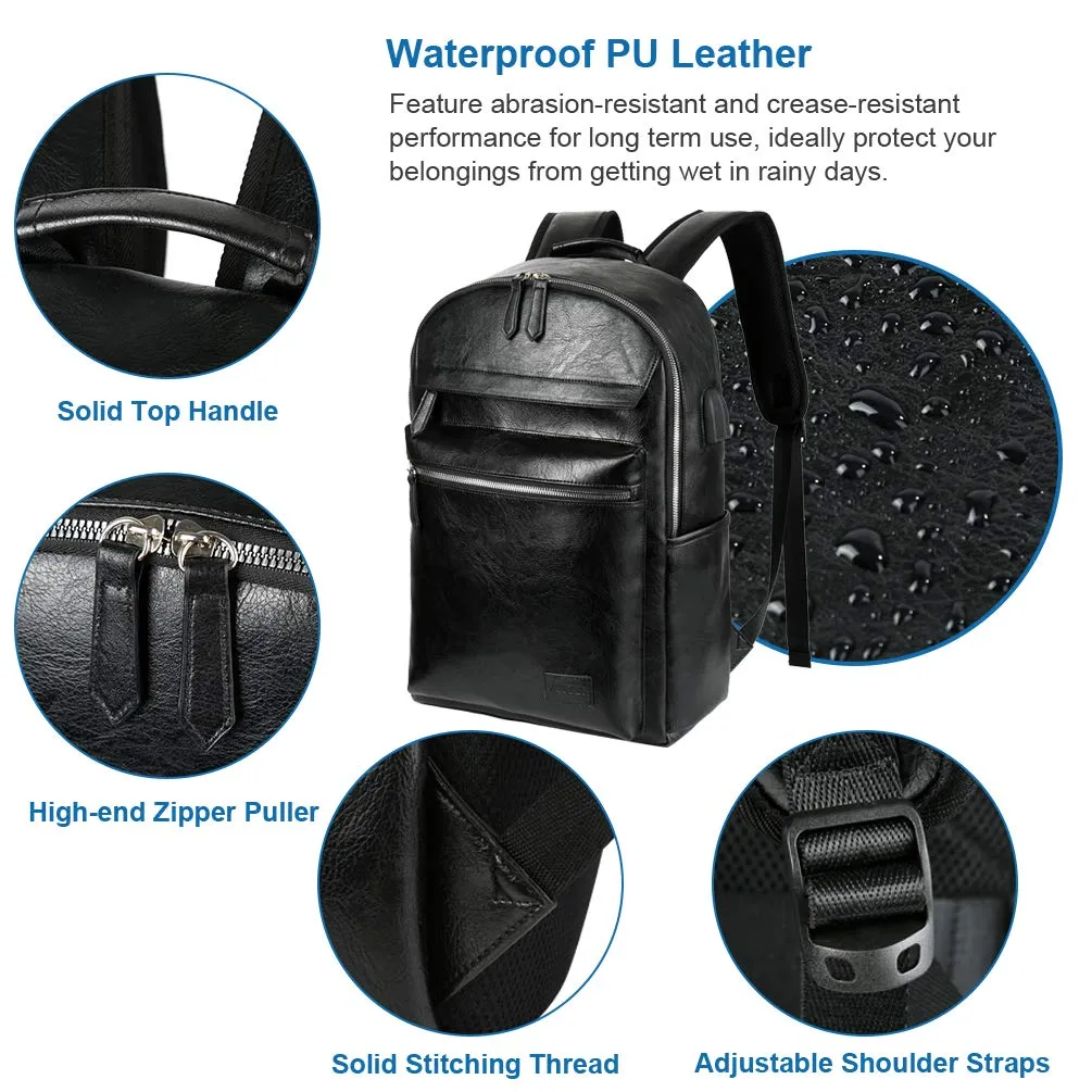 VBG VBIGER Leather Backpack for Mens Travel College Business Waterproof PU Leather Backpack for 15.6 inch Laptop with USB Charging Port and Headphone Port (Black)