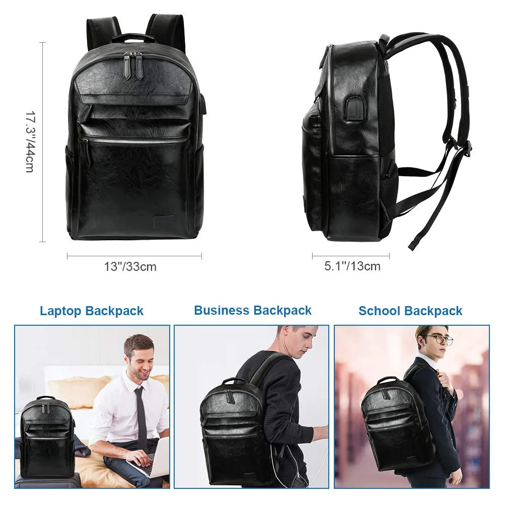 VBG VBIGER Leather Backpack for Mens Travel College Business Waterproof PU Leather Backpack for 15.6 inch Laptop with USB Charging Port and Headphone Port (Black)