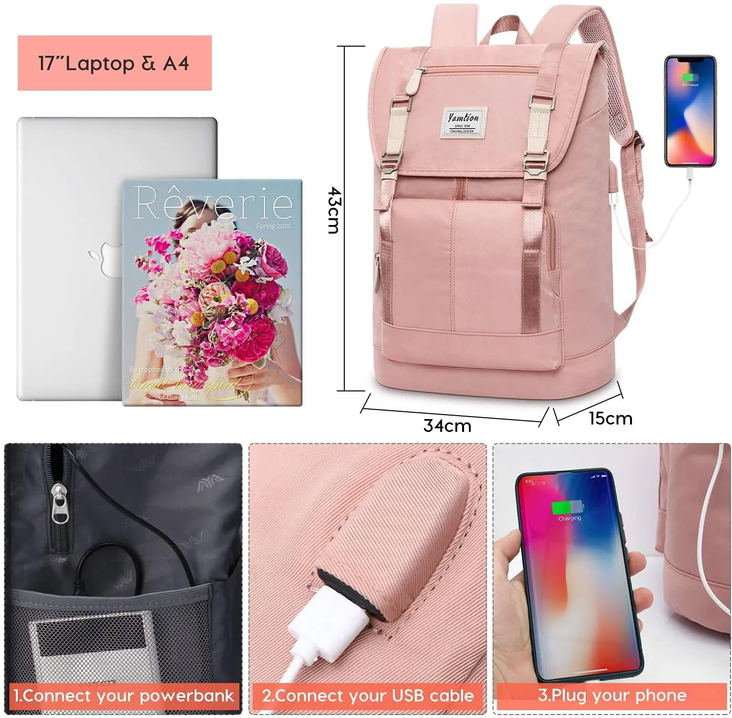 Women Backpack School Bags for Teen Girls,College Student Bookbag for 17 Inch Laptop,Work Backpack Gym Backpack Computer Backpack with USB Charging Port
