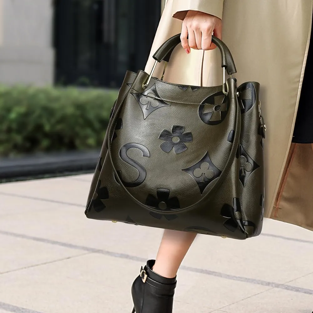 Women's Top Handle Handbags Leather Tote Bag for Women Trendy Bucket Bag Floral Embossed Shoulder Satchel Purses