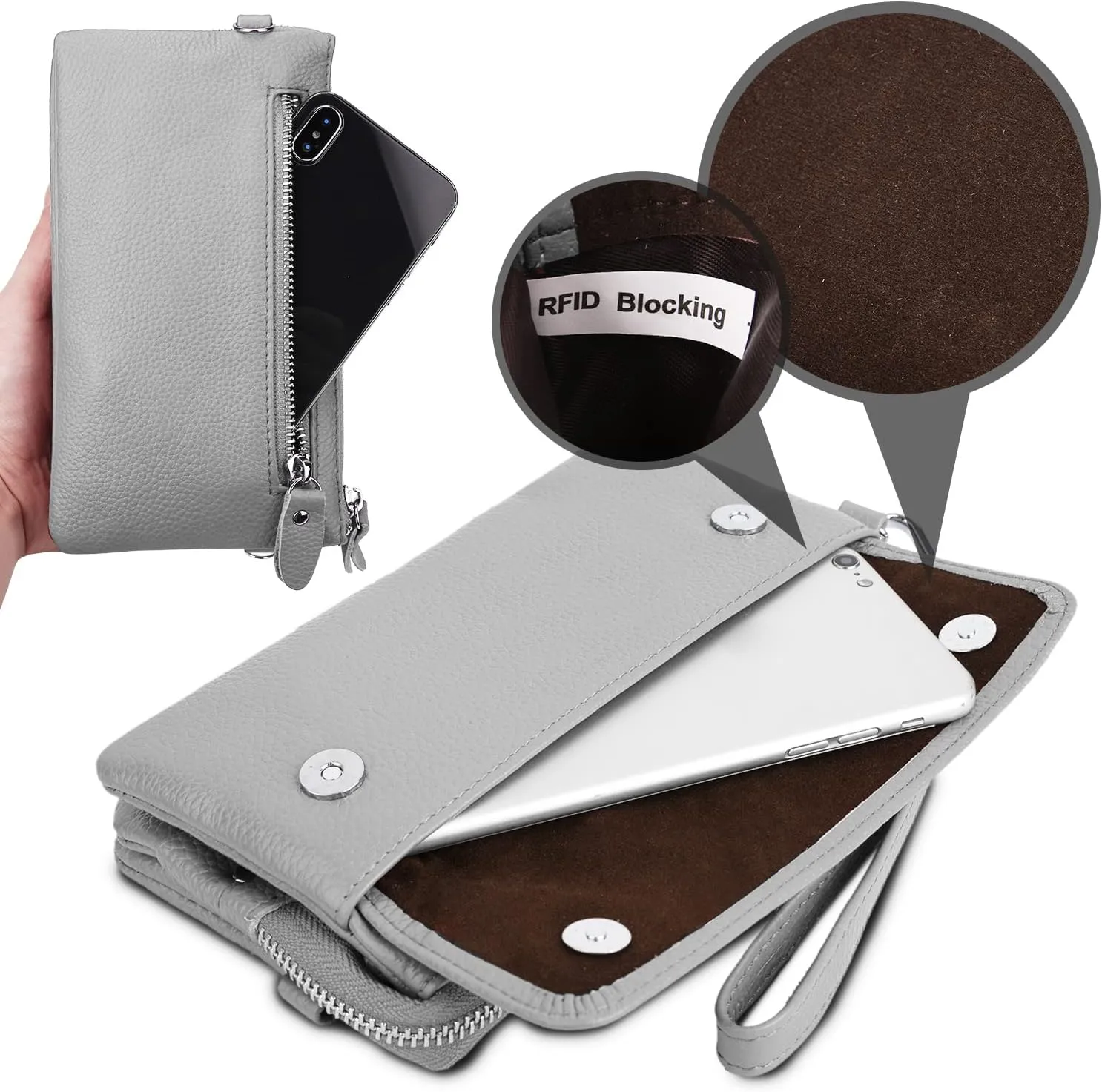 YALUXE Real Leather Wristlet Clutch Handbag Crossbody Bag Cellphone Purse RFID Blocking